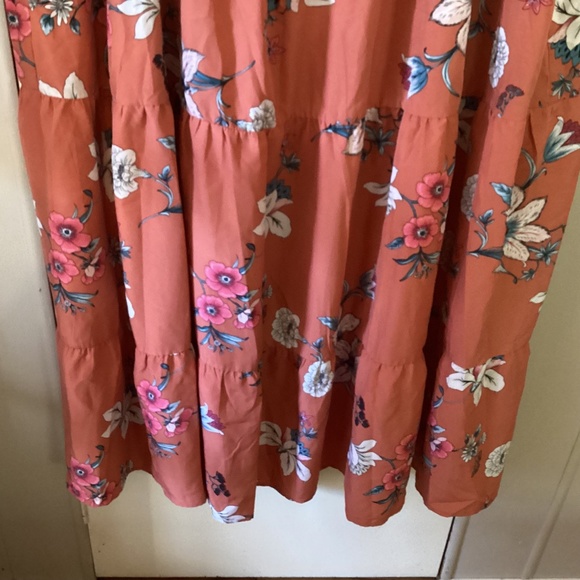 BloomChic Dark Peach Floral Tulip Sleeve Elastic Waist V~Neck Dress 28 - Picture 2 of 6